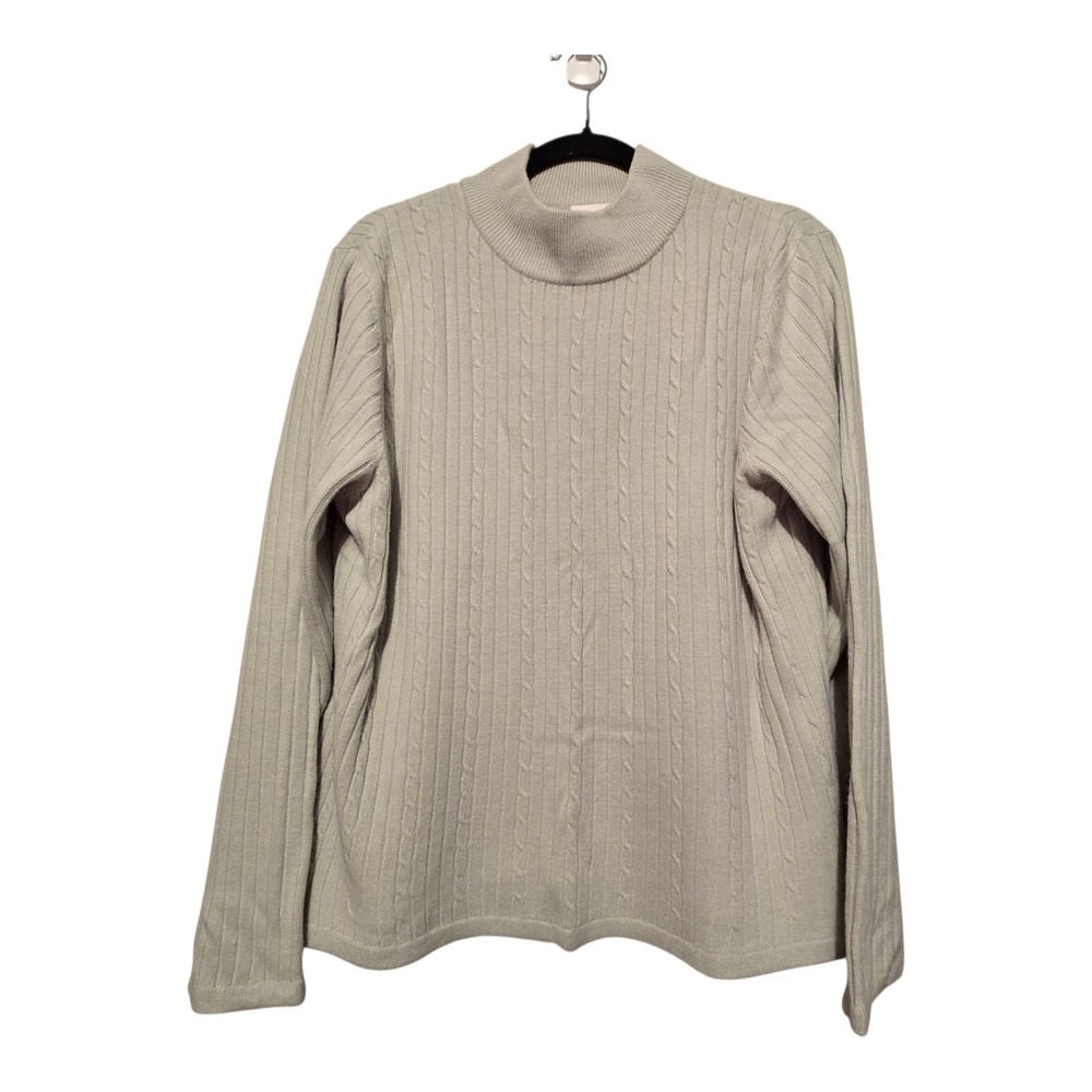 Vintage 90s Y2K Croft Barrow Mock Neck Cable Knit Sweater Women XL Green Preppy